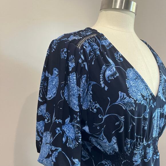 Harper Rose Navy Floral Puff Sleeve V Neck Midi Dress Size 8 - Picture 5 of 11